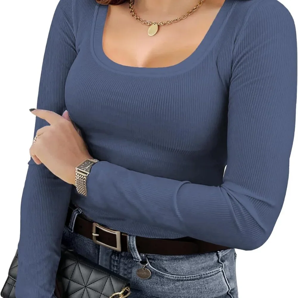 Navy Blue Women's Plus Size Scoop Neck Ribbed Knit Top - Comfy & Stylish